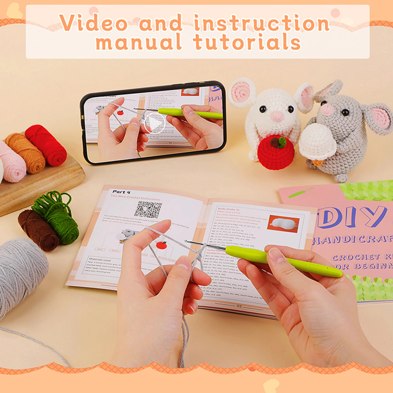 DIY Craft Mice Crochet Kit for Beginners Adults Learn to Crochet Kit With Step-by-Step Video Tutorials Thread Needles Hook Knit