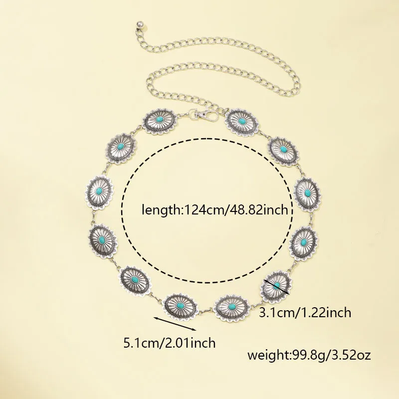 Retro-style female metal belt chain accessories, carved chain belt with decorative ring, advanced style accessories.