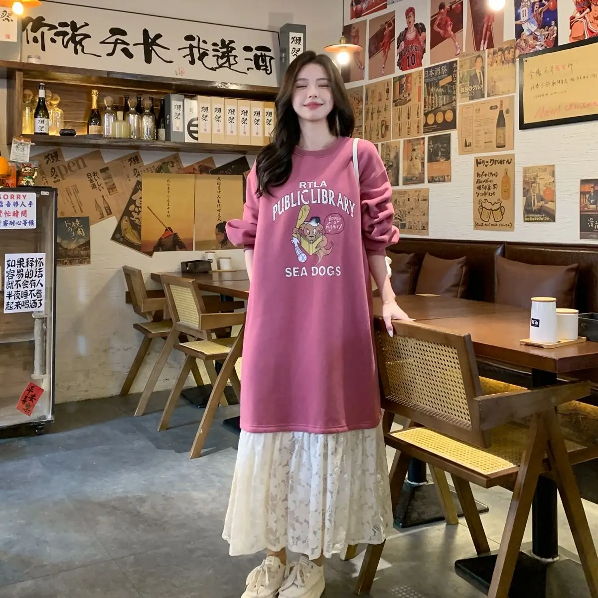 Oversized Loose Dresses Femme Casual Patchwork Lace O-neck