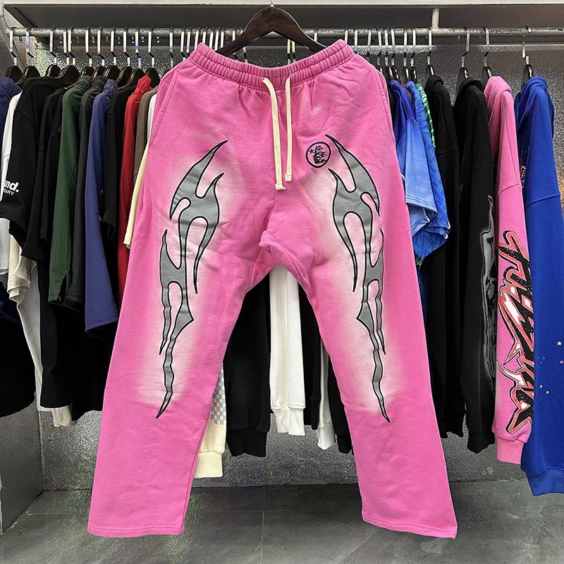 

Pink Hellstar Jogger Pants Men Women 1:1 Hip Hop Fashion Sweatpants Drawstring Pocket High Street Casual Washed Cotton Trousers