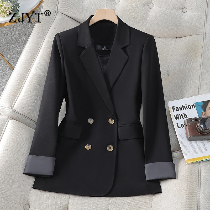 ZJYT Double Breasted Blazer for Women Spring Autumn Jackets Coats Long Sleeve Turn Down Collar Outerwear Office Work Veste Femme