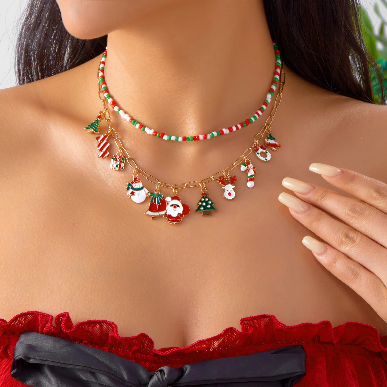 Trendige Weihnachts-Schneeflocken-Halskette für Frauen Kreative Kombinationen Lebkuchenmann Reisperlen Party-Schmuck Accessoire – Detail 10