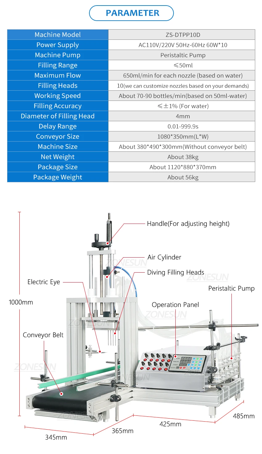 ZONESUN ZS-DTPP10D 10 Diving Nozzles Peristaltic Pump Liquid Filling Machine