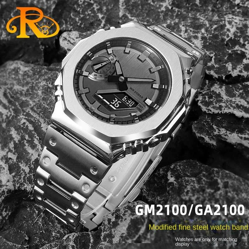 For Casio GA-2100 GA-2110 men Set Stainless Steel watch strap metal case GA2100 GA2110 Refitted Farm Oak Bezel band 