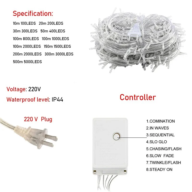 Christmas String Fairy Light 8 Mode LED String Lights Outdoor Waterproof Wedding Holiday Party Patio Lamp