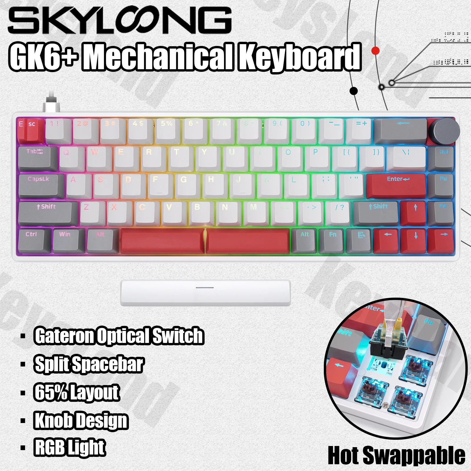 

Skyloong GK6+ Mechanical Keyboard 65% Layout Gateron Optical Switches Hotswap RGB PBT OEM Keycaps Customized Knob Programmable