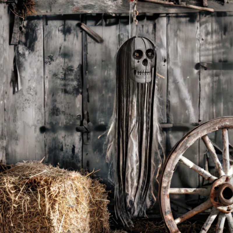 Halloween Hanging Ghost Decor with Glowing Eyes - Long Hair Skeleton Scary Prop for Haunted House & Bar Party Decoration