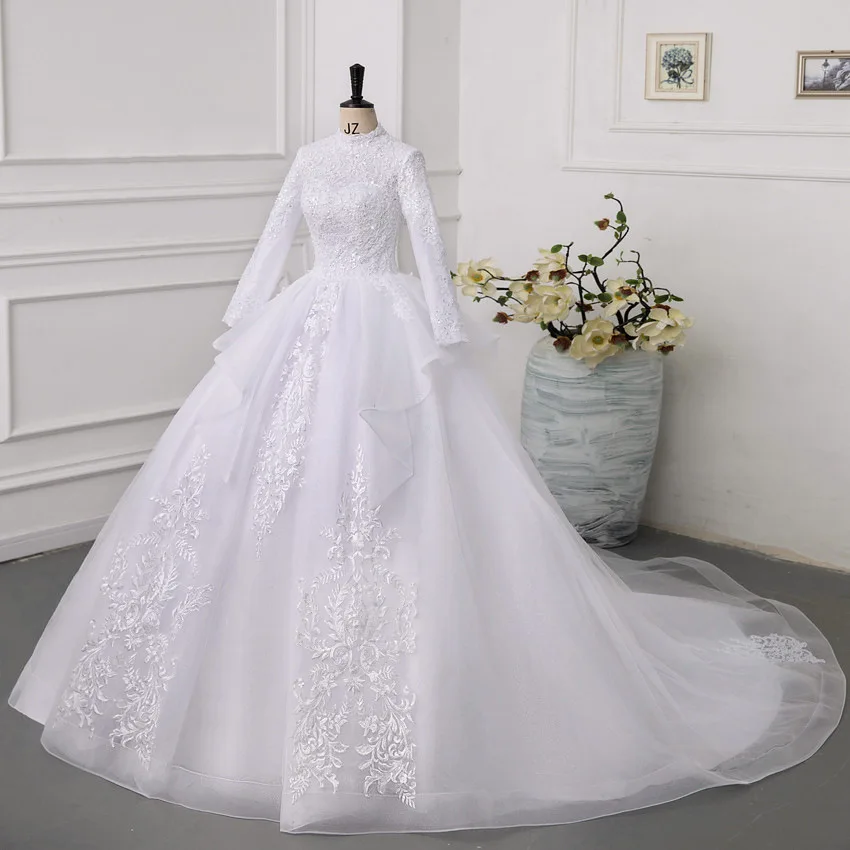 

Luxury Real Picture Arabic Long Sleeve Wedding Dresses High Neck Lace Applique Ball Gown Bride Bridal Dress Vestido De Noiva