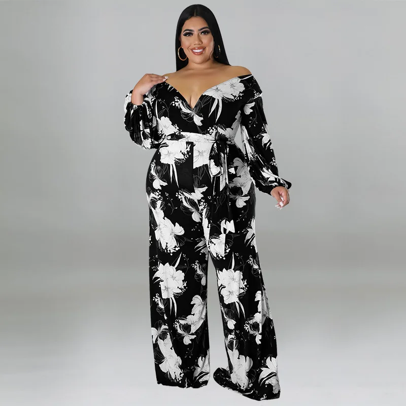 Plus Size Women 5xl Jumpsuit Off Shoulder Floral Print One Piece Outfit Sexy Fashion Wide Leg Pant 2023 Summer Lady V Neck Cloth