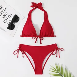 2024 Sexy Halter Bikini Swimsuit Low Waisted Black/Red/Rose Beach Bathing Suit Cheap Bandage Brazilian Swimwear Two Pieces Sale