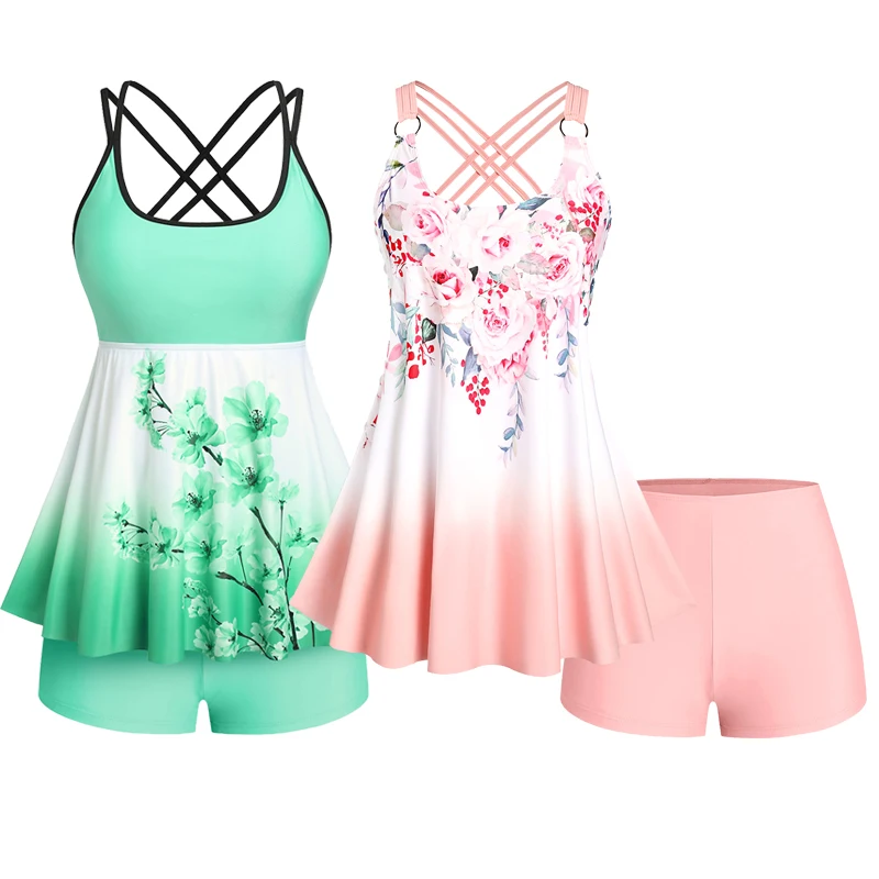 Tankini Maillot De Bain Femme 2 Pieces Push Up, Maillots Deux Piu00e8ces Femme Shorty Taille Haute Gainant Bikini Set U00e0 Volants Bretelles Ru00e9glable Vintage Imprimu00e9 Floral Dos Nu Swimsuit (Light Blue, S