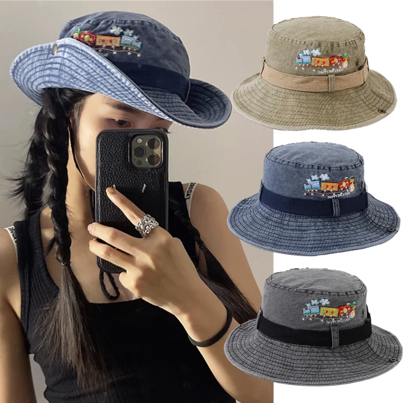 

2023 Blue Cowboy Bucket Hat with String Men Denim Beach Sun Hat for Women Outdoor Hiking Couple Bob Panama Summer Fisherman Hat