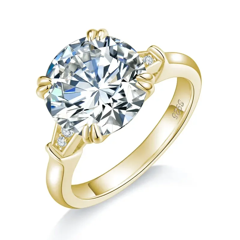14k Yellow Gold Plated Sterling Silver Moissanite Engagement Rings For Women Round Cut 5ct Three Stone Ring GRA Certifiacte