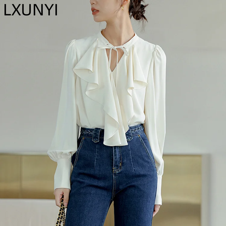 

LXUNYI Elegant and Youth Woman Blouses Autumn Spring 2023 New Long Sleeve Women Blouse Beige Korean Formal Fashion Shirt Tops