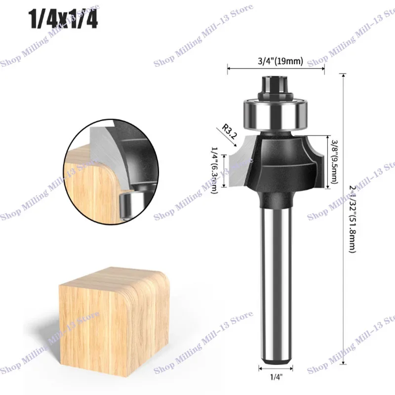 High Quality 1/4&6mm shank Corner Round Over Router Bit with Bearing Milling Cutter for Wood Woodwork 1 set