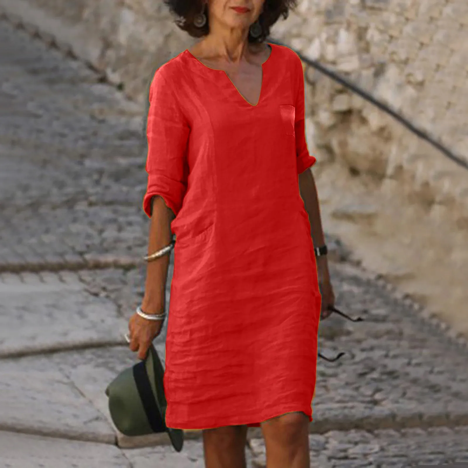 2023CottonDressWomensVNeckHalfSleeveSolidLooseDressesFemale