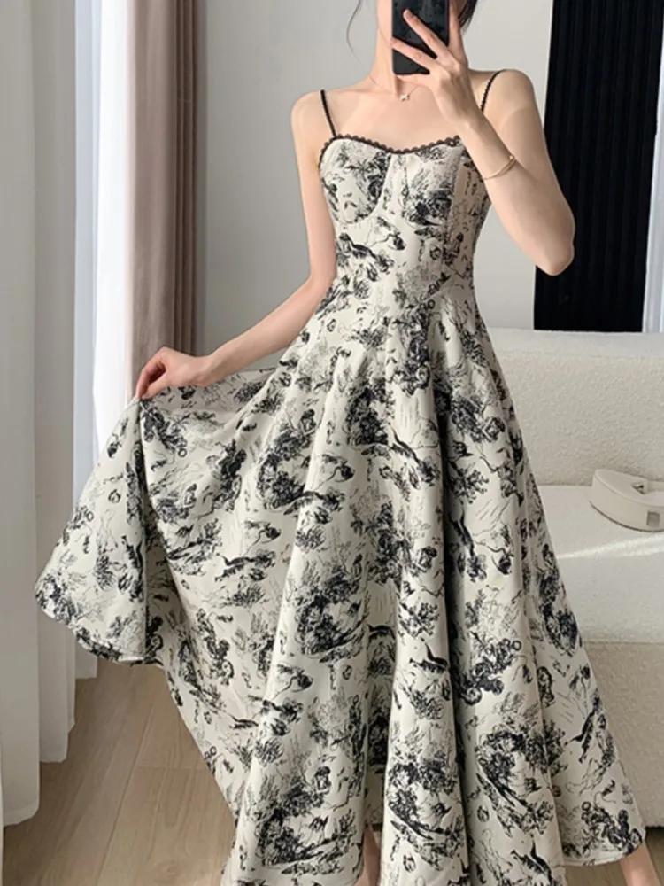 

New Summer Women Spaghetti Strap Floral Casual Midi Dress Sleeveless Slim Fashion Elegant Beach Boho Vestidos Female Robe Mujers