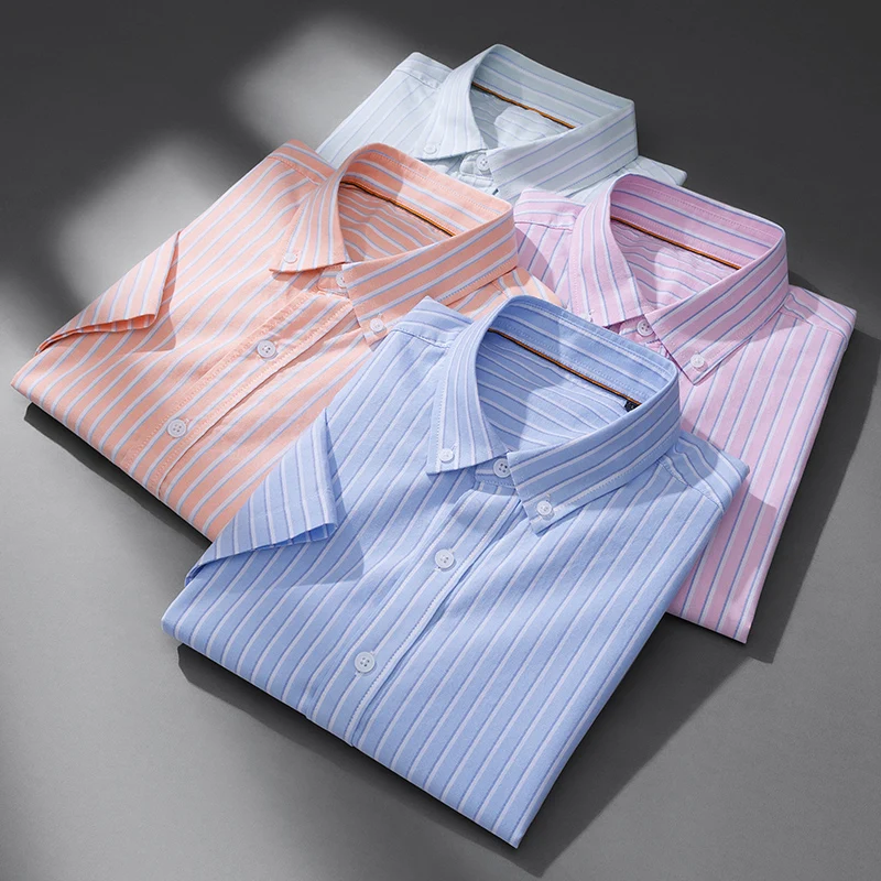 Fashion korean popular clothes cotton short sleeve shirts for men slim fit casual plain shirt houndstooth plaid striped tops