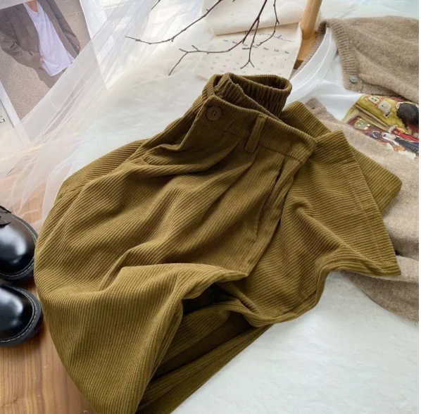 2023 High Waist Women Retro Corduroy Pants Fall Straight Causal Full Length Trousers Vintage Coffee Pockets All Match Pants New