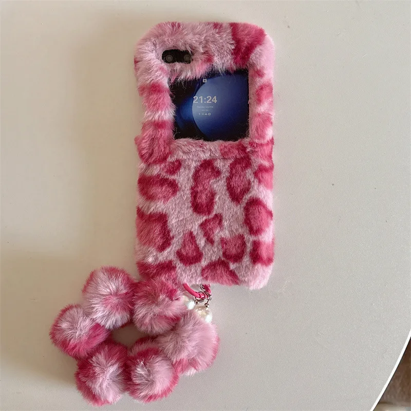 Leopard Print Fluffy Plush Wrist Strap Phone Case with Shockproof Protection