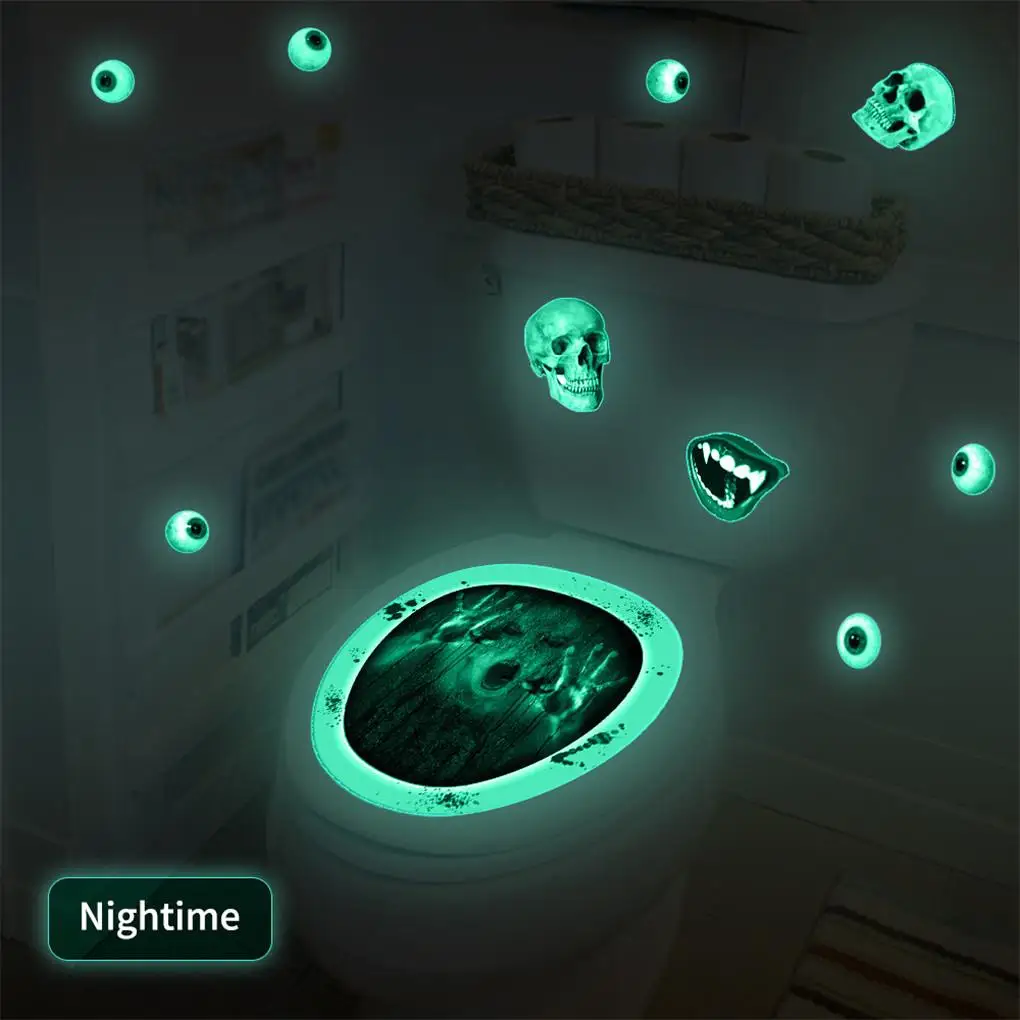 2Pcs Halloween Luminous Toilet Lid Decals Scary Wall Stickers DIY Horror Bathroom Home Party Decor