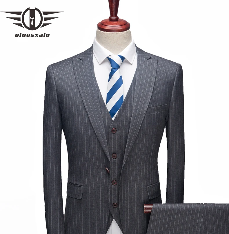 

Plyesxale Business Stripped Suits Men 2022 Slim Fit Men's 3 Piece Wedding Suits Black Dark Blue Gray Formal Dress Suit Man Q167