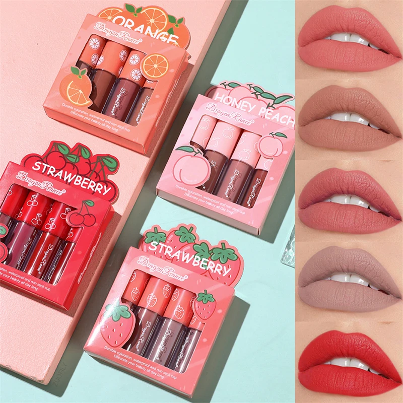 

4PCS/Set Velvet Matte Lip Gloss Liquid Lipstick Waterproof Long Lasting Nude Lip Makeup Women Red Lip Tint Korean Cosmetics