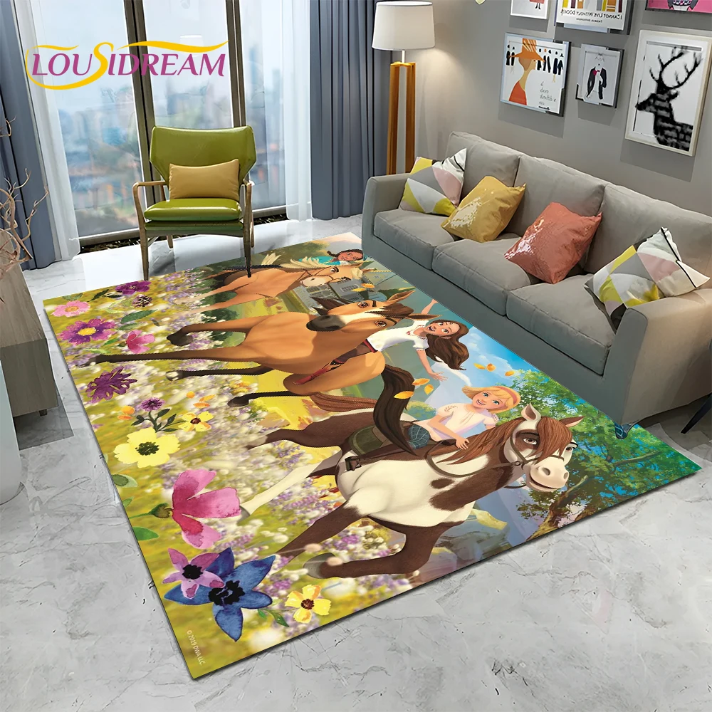 

3D Cute Spirit Riding Free Horses Cartoon Carpet Rug for Home Living Room Bedroom Sofa Doormat Decor,kids Area Rug Non-slip Mat