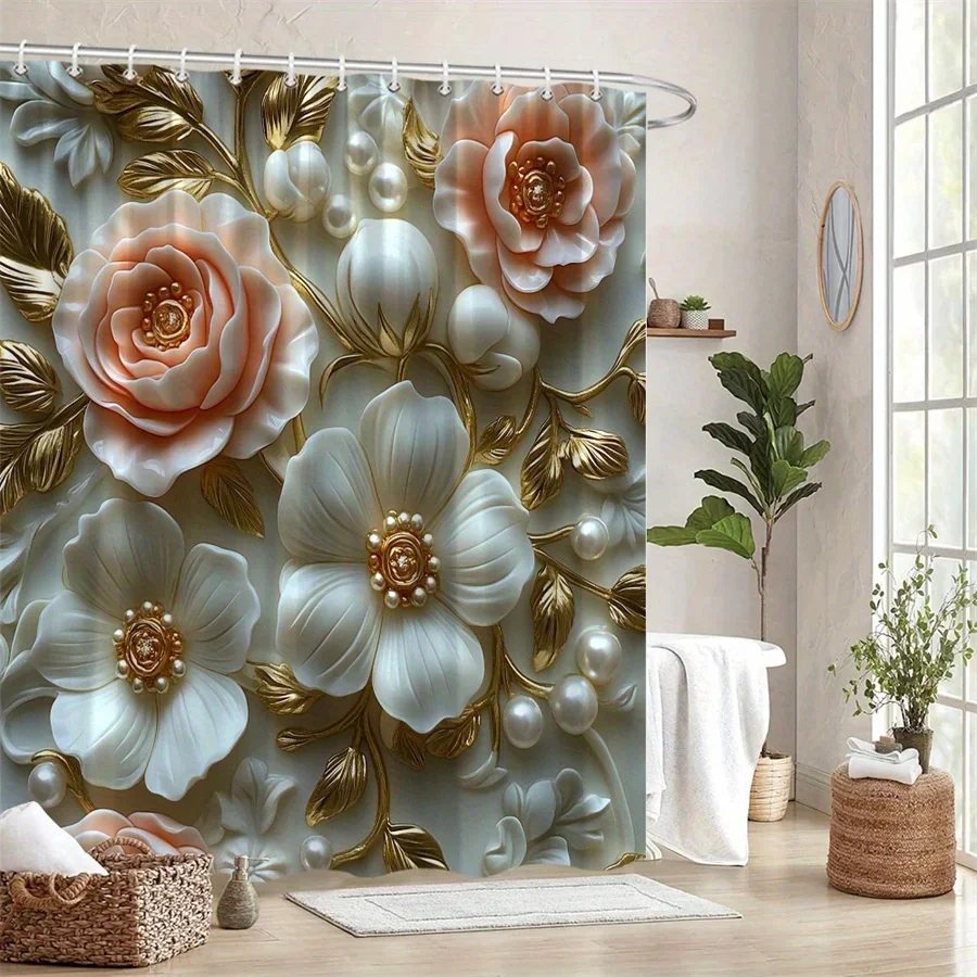 ผ้าม่านอาบน้ํา Baroque Roses - พีชและงาช้าง, ศิลปะดอกไม้ 3D, พื้นหลังสีขาว, ซักด้วยเครื่องได้, 12 ตะขอ, ตกแต่งห้องน้ําที่หรูหรา 1