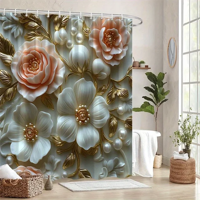 ผ้าม่านอาบน้ํา Baroque Roses - พีชและงาช้าง, ศิลปะดอกไม้ 3D, พื้นหลังสีขาว, ซักด้วยเครื่องได้, 12 ตะขอ, ตกแต่งห้องน้ําที่หรูหรา 1