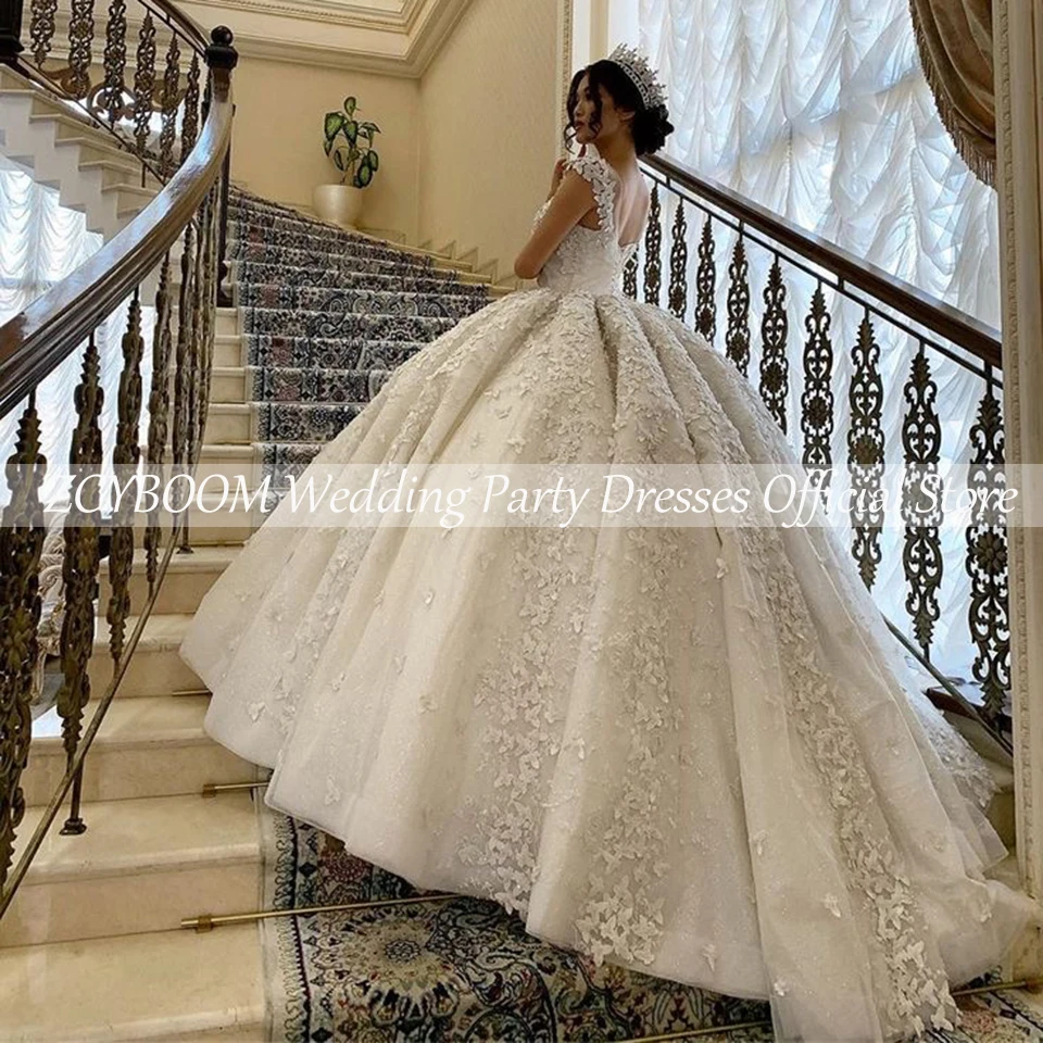 Customized Spaghetti Strap Butterfly White Wedding Dress 2025 Ball Gown Floor Length Sweep Train Shiny Lace Up Bridal Gown 2