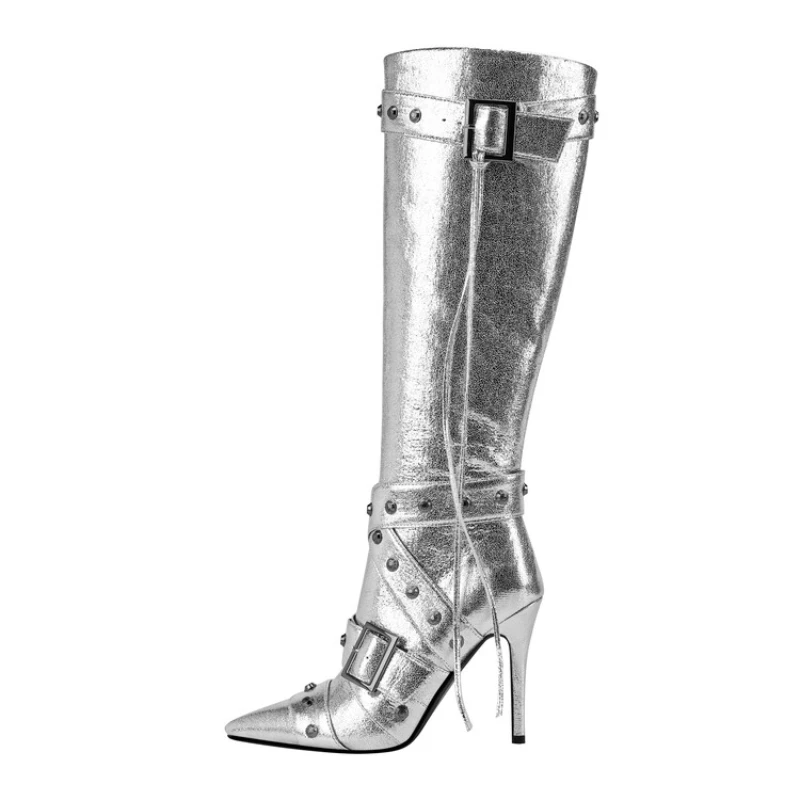 

2023 New Fashion Silver Rivet Belt Buckle Knee Boots for Women Winter Sexy Pointed High Heels Party Footwear Big Size Shoes 43