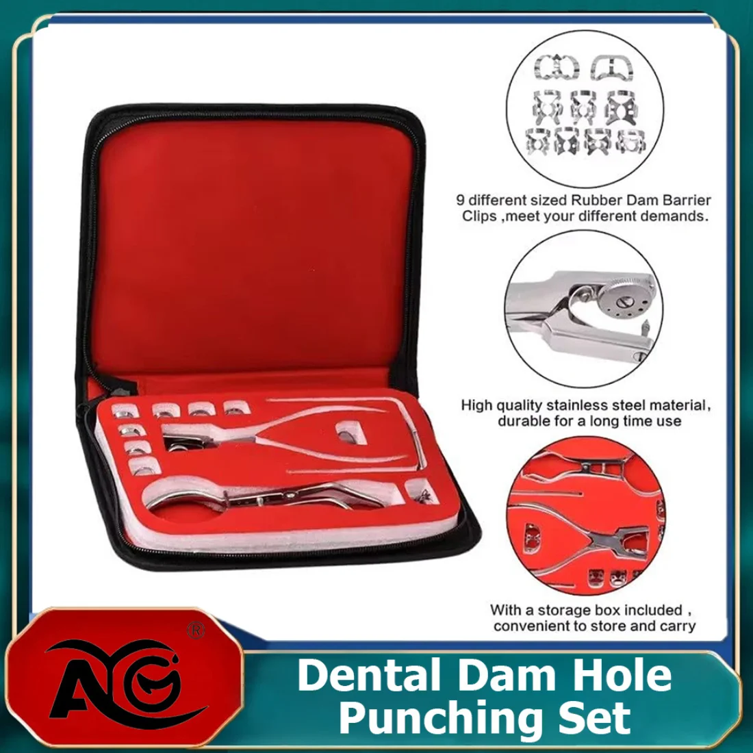 AG Dentistry Dam Hole Puncher Set With Leather Bag Pliers For Dentist Perforator Rubber Orthodontic Dental Tools Dam Clip
