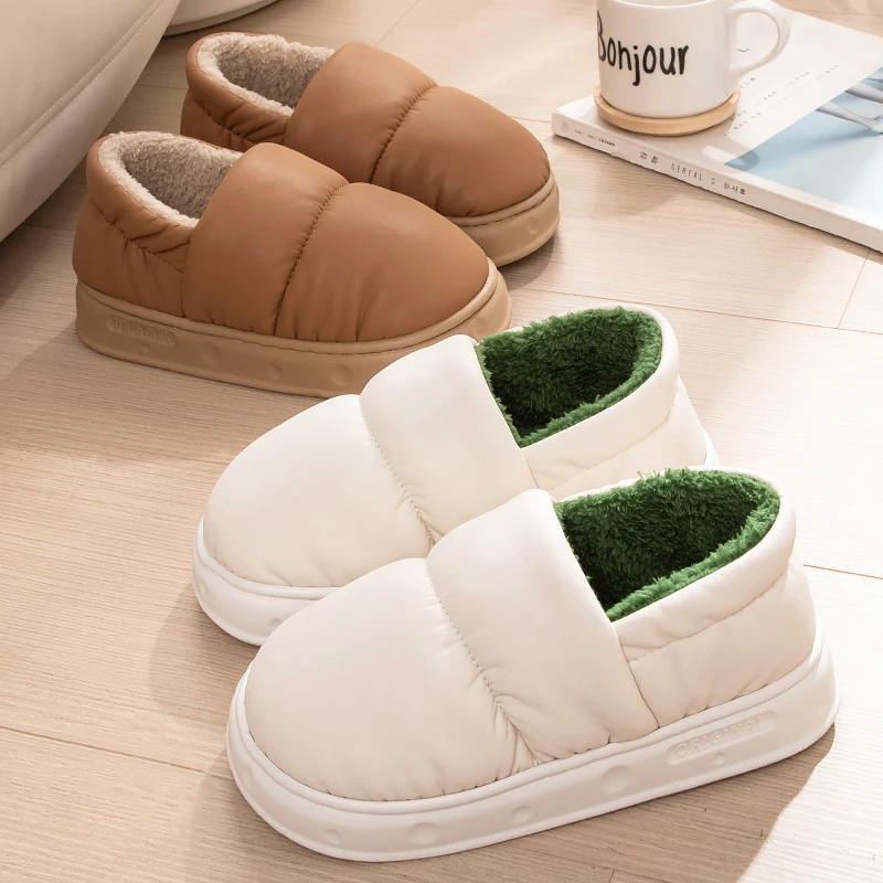 Cotton Slippers Queeyhome Men Women Winter Cotton Slippers Waterproof Anti Slip Thick Bottom Shoes Couple Home Plush Cotton Slippers Snow boots