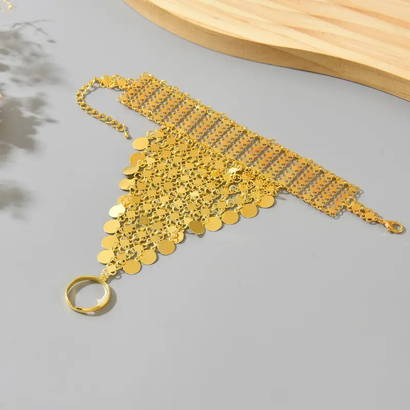 A Retro Ethnic Style Metal-Gilded Hollow-Carved Round Pendant Tassel Personalized Design Finger Chain - Image 4