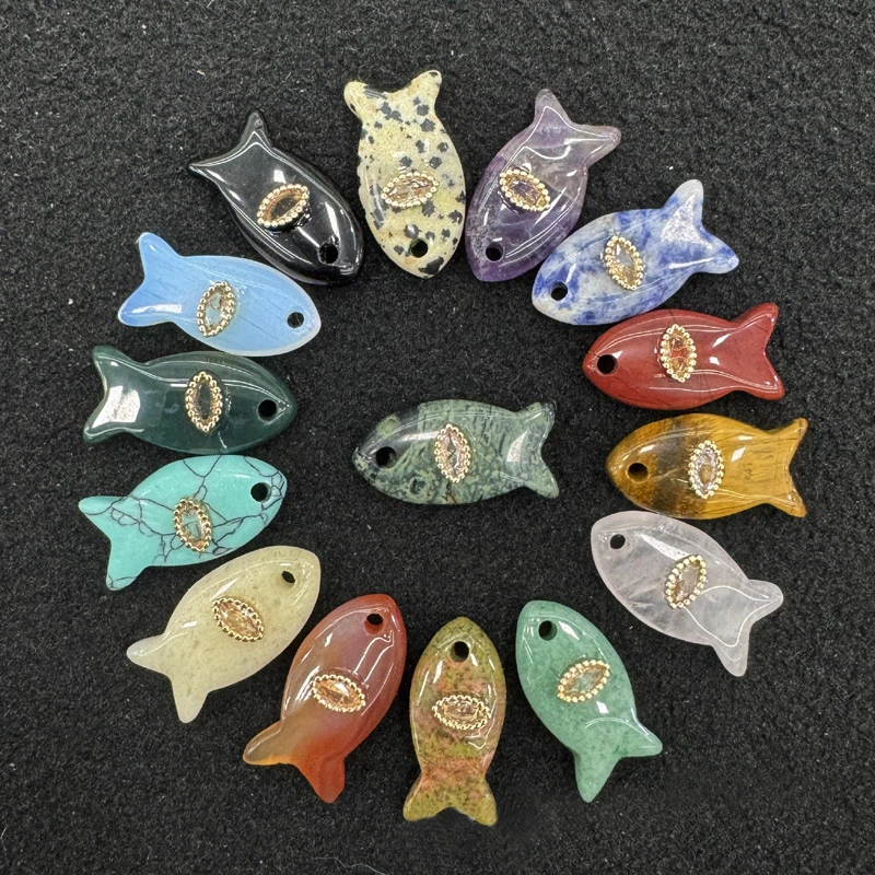 Multicolour Natural Stone Small Fish Charms Amethyst Crystal Opal Turquoise Evil Eye Pendants DIY Neckalce Bracelet Accessories