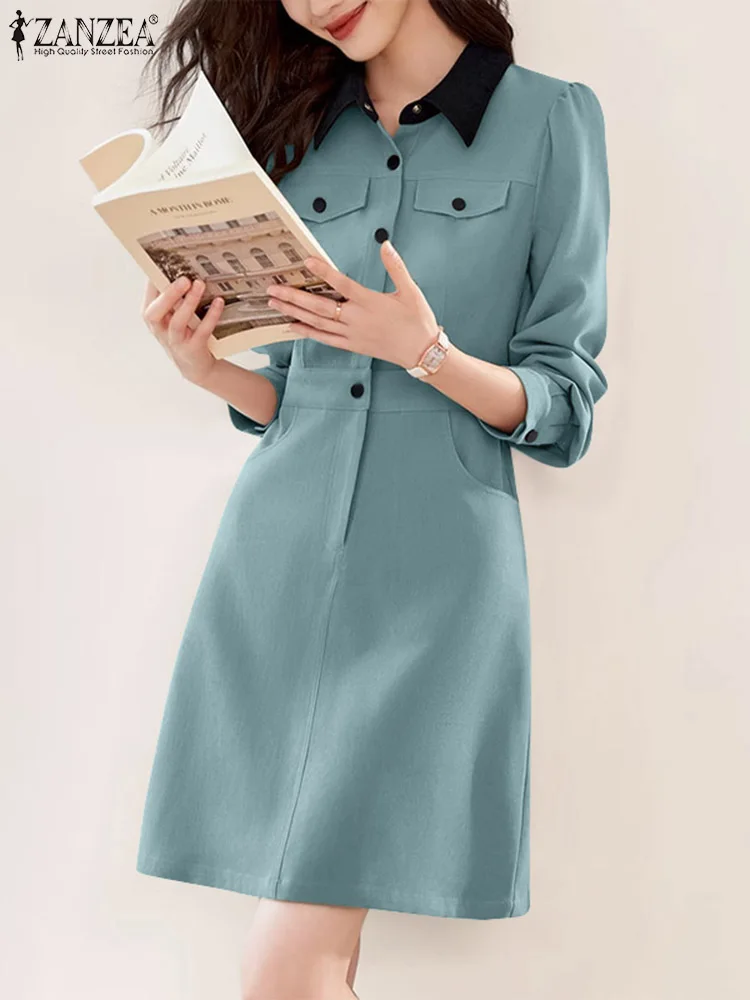 

Women Patchwork Short Shirt Dress ZANZEA Holiday Collect Waist Dress Elegant Puff Long Sleeve Vestido Casual Lapel Party Dresses