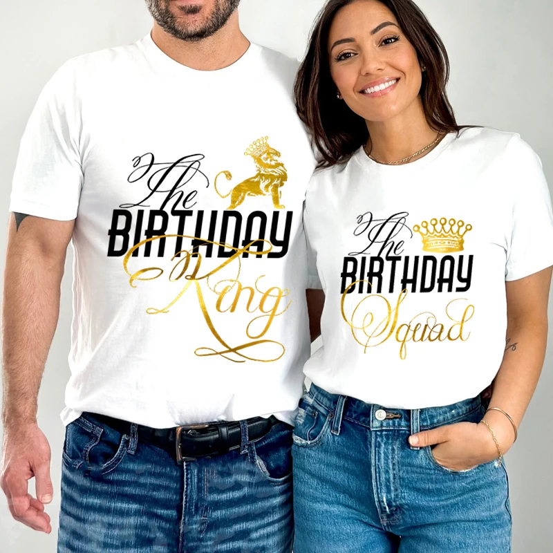 King Queen Birthday Matching Couple T-Shirt Women Men Funny Lion and Crown Print Short Sleeve Tee Couple Lovers Matching Tshirt