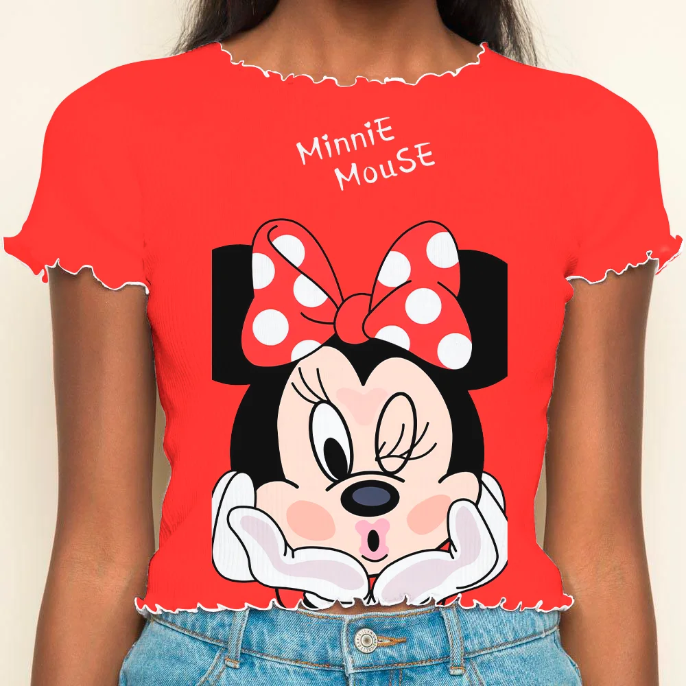 

Crop Tops Sexys T-shirt Summer Clothes Women 2024 Disney T-shirts Woman Clothing Minnie Mouse Y2k Lettuce Trim Top Short Sleeve