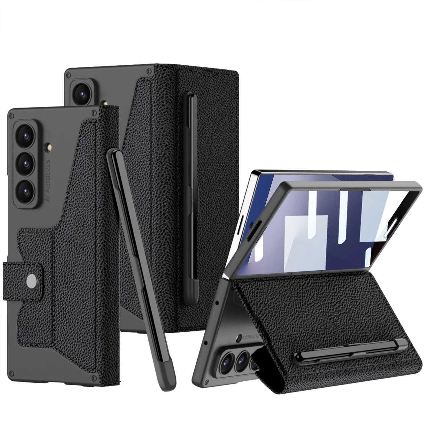 Frosted Leather Fold Stand Case with Stylus Holder & Screen Glass Cover