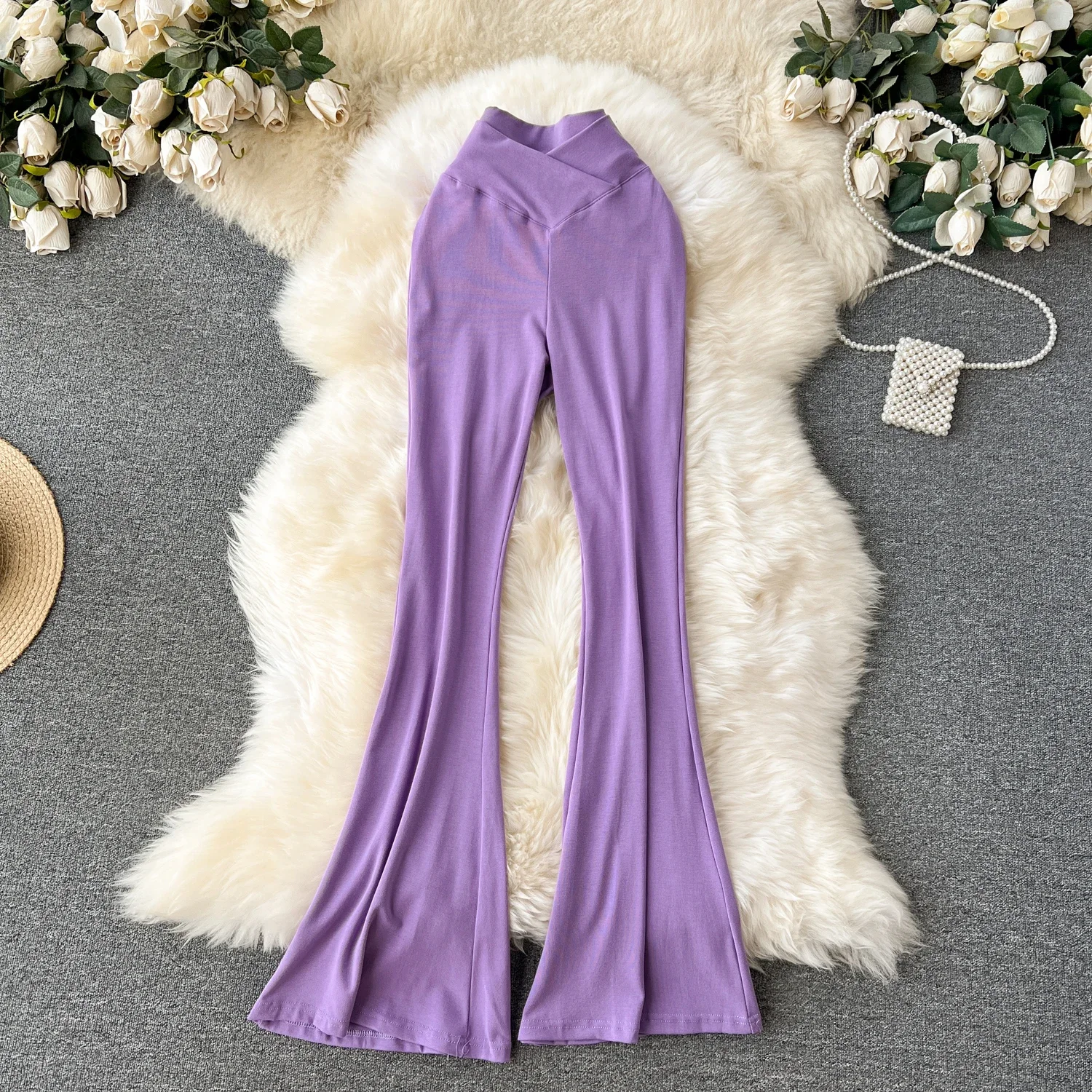Women Solid High Waist Flare Pants Wide Leg Korean Fashion Elegant Casual Vintage Autumn Streetwear Clothing