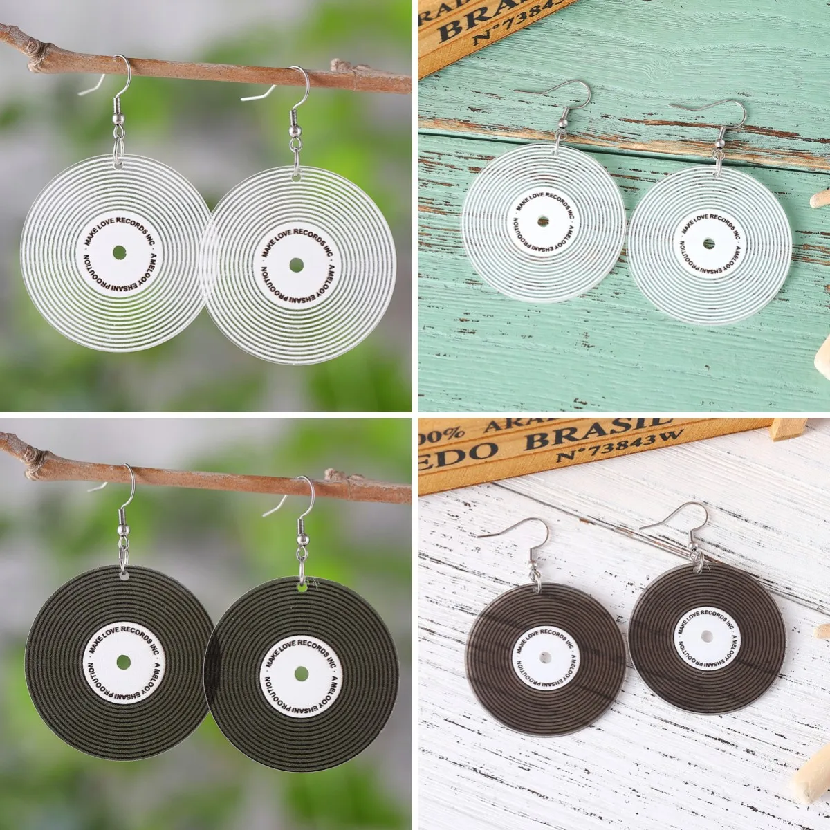 

New Phonograph Record Earrings Acrylic Transparent Black and White Double sided Printed Earrings for Girls' Music Festival Gift