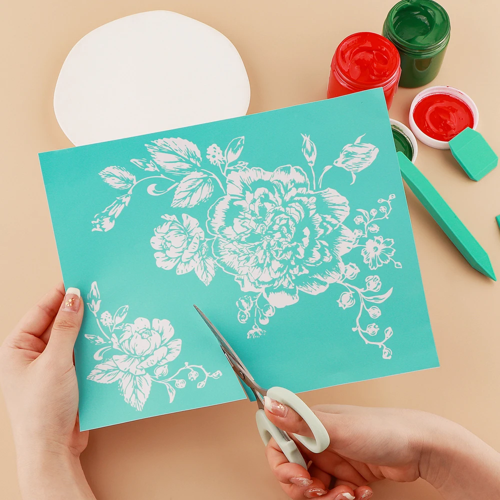 Reusable Self-Adhesive Silk Screen Printing Polymer Clay Vintage Flowers Leaf Stencil 8x10inch For Furniture Clothing DIY Crafts