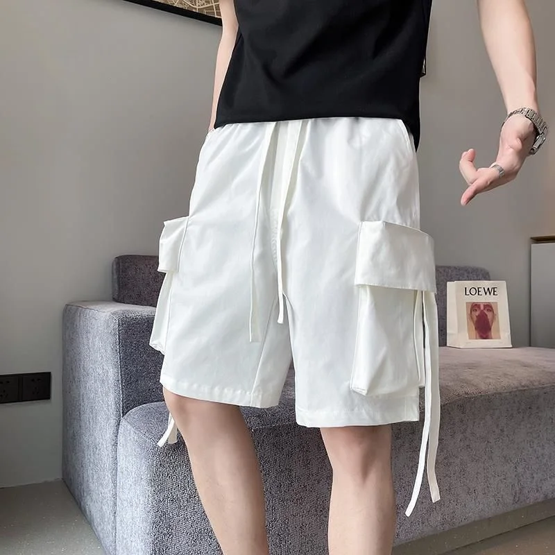 Summer Loose Solid Color Large Pocket Men's Cargo Shorts Classic Waist Drawstring Straight Cylinder Street Casual Male Short