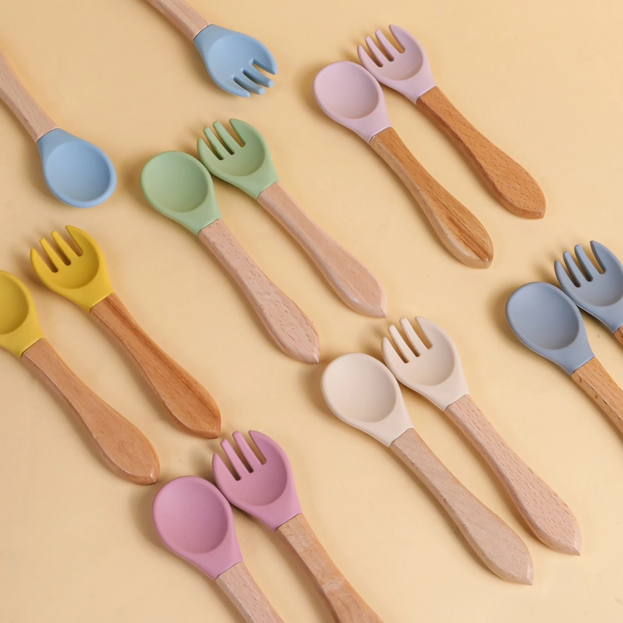 

2pcs/set Food Grade Silicone Mini Fork Spoon For Baby Wooden Print Utensils Set Feeding Spoon Learn To Eat Children's Tableware