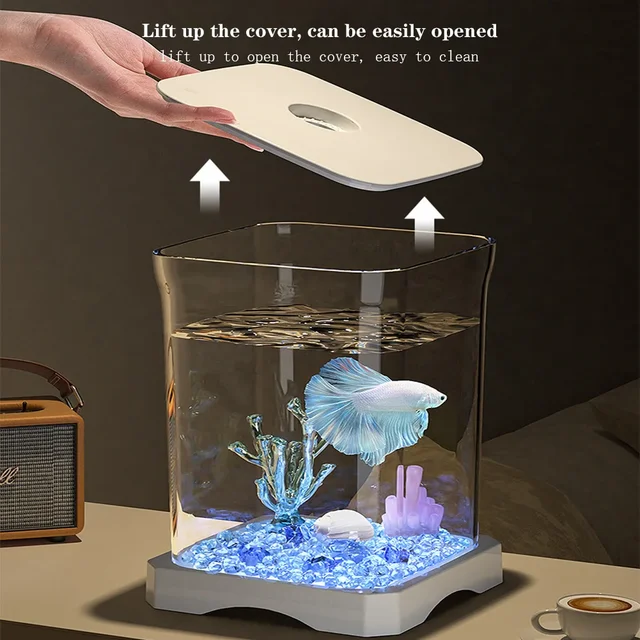 Mini Betta Fish Tank Starter Kit Aquarium Tank with Bottom Light Rectangular Mini Desktop Aquarium with Top Feeding Hole 4