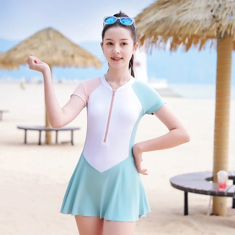 소녀 원피스 수영복 드레스 반팔 블루 솔리드 패치 워크 9-16 세 십대 대학생 키즈 어린이 수영복 2023