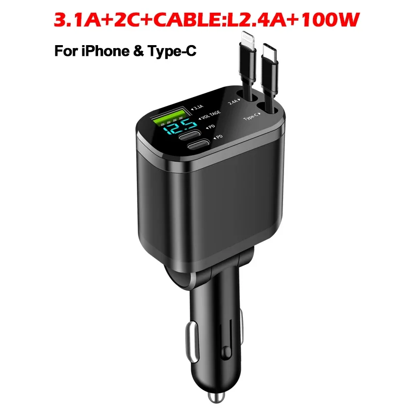 ترقية مهايئ شاحن سيارة 137 واط شاحن الهاتف السريع USB PD3.1 منافذ Type-C مع أسلاك قابلة للسحب صالح آيفون هواوي سامسونج
