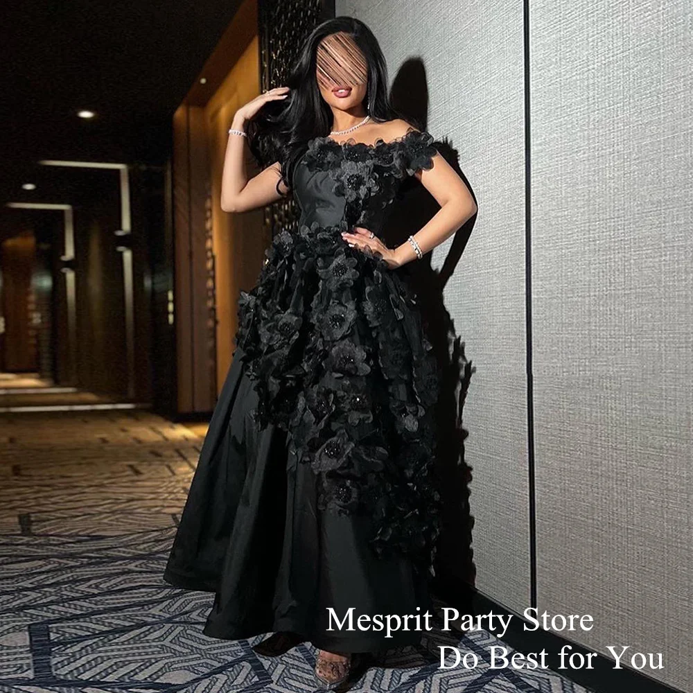 

Saudi Arab Black Evening Dress 2024 Boat Neck 3D Flowers Ankle Length A Line Formal Party Gown فساتين حفلة موسيقية Custom Design