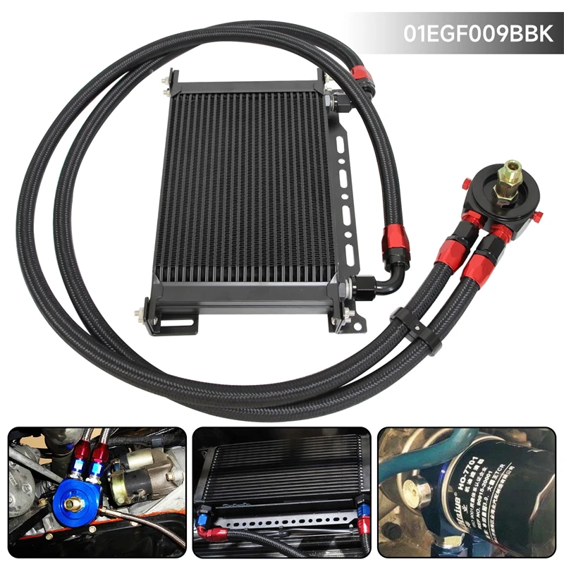 

25 Row 248mm AN10 7/8"-14 UNF Universal Engine Transmission Oil Cooler w/Bracket +Oil Filter Hose End Kit Blue/Black